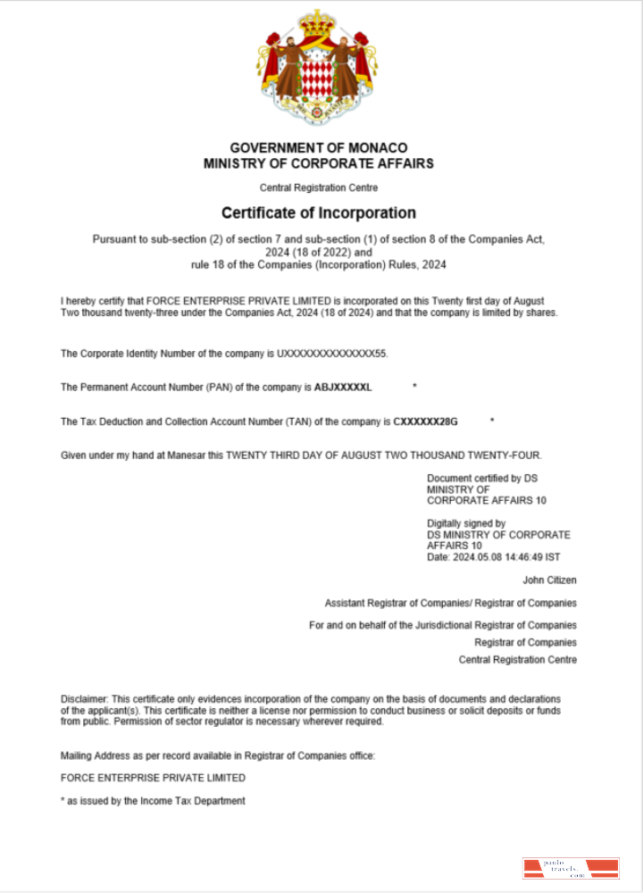 Monaco  business registration certificate Word and PDF template